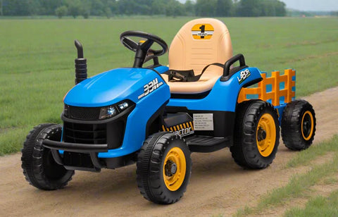 New 12V Kids Ride on Electric Tractor and Trailer with Remote - Blue