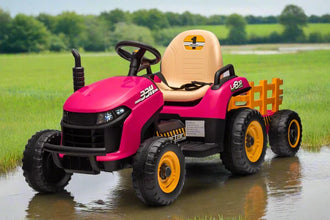 New 12V Kids Ride on Electric Tractor and Trailer with Remote - Pink