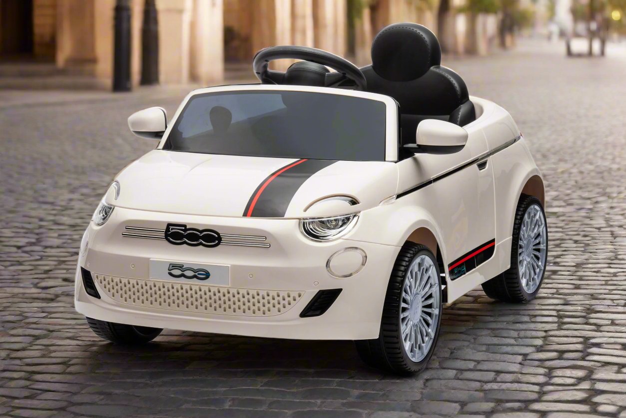 Fiat 500 Kids Electric Car 12v White with Leather Seat & Rubber Wheels