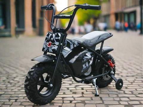 Kids 250w Electric Mini moto monkey bike with stabilisers in Black