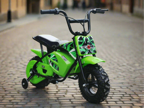 Kids Electric 250 watt Mini Moto Monkey Bike with stabilisers In Green