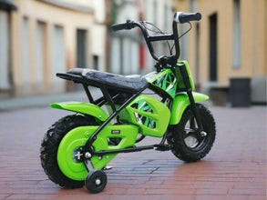 Kids Electric 250 watt Mini Moto Monkey Bike with stabilisers In Green